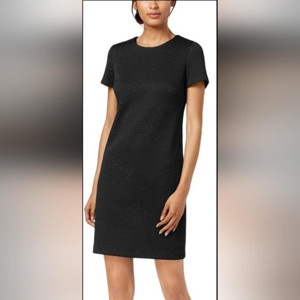 Calvin Klein Black Textured Floral Jaquard Short Sleeve Shift Dress 6 NWT